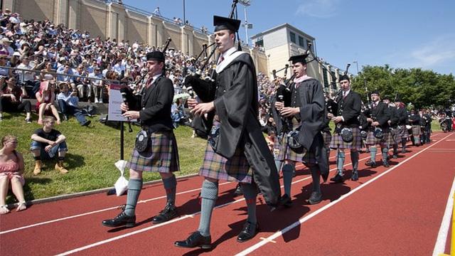 bagpipes marching and performing at commencement